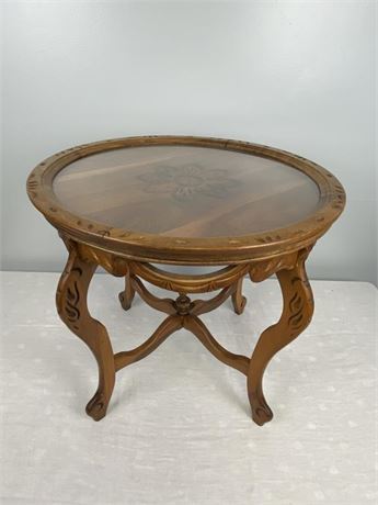 Carved Wood Side Table with Removable Glass Top