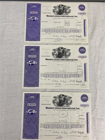 Three (3) Western Union Stock Certificates