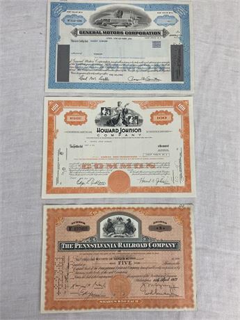 General Motors, Howard Johnsons & The Pennsylvania Railroad Stock Certificates