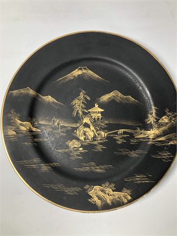 Asian Black Lacquer Gold Porcelain Dish