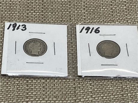 Two (2) Silver Barber Dimes