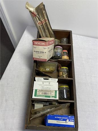 Wooden Box of Fasteners and Tools