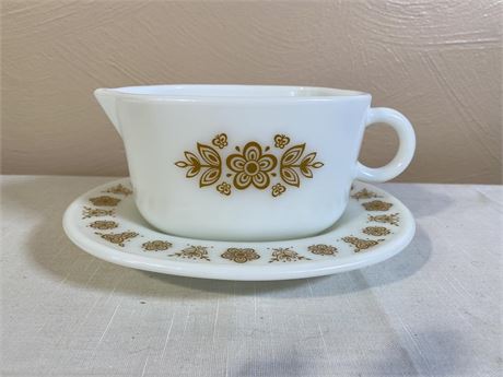 Pyrex Butterfly Gold Pattern Gravy Bowl and Underplate