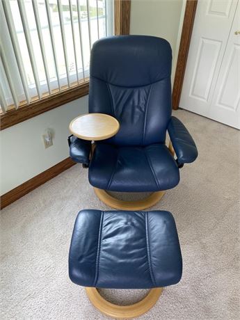 Blue Leather Recliner with Ottoman
