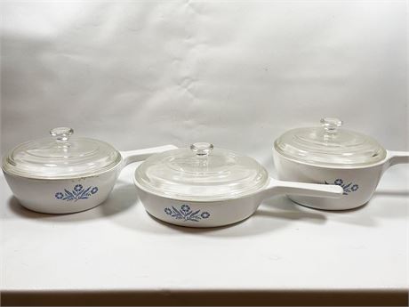 Corning Ware Cornflower Blue Sauces and Skillet, With Lids